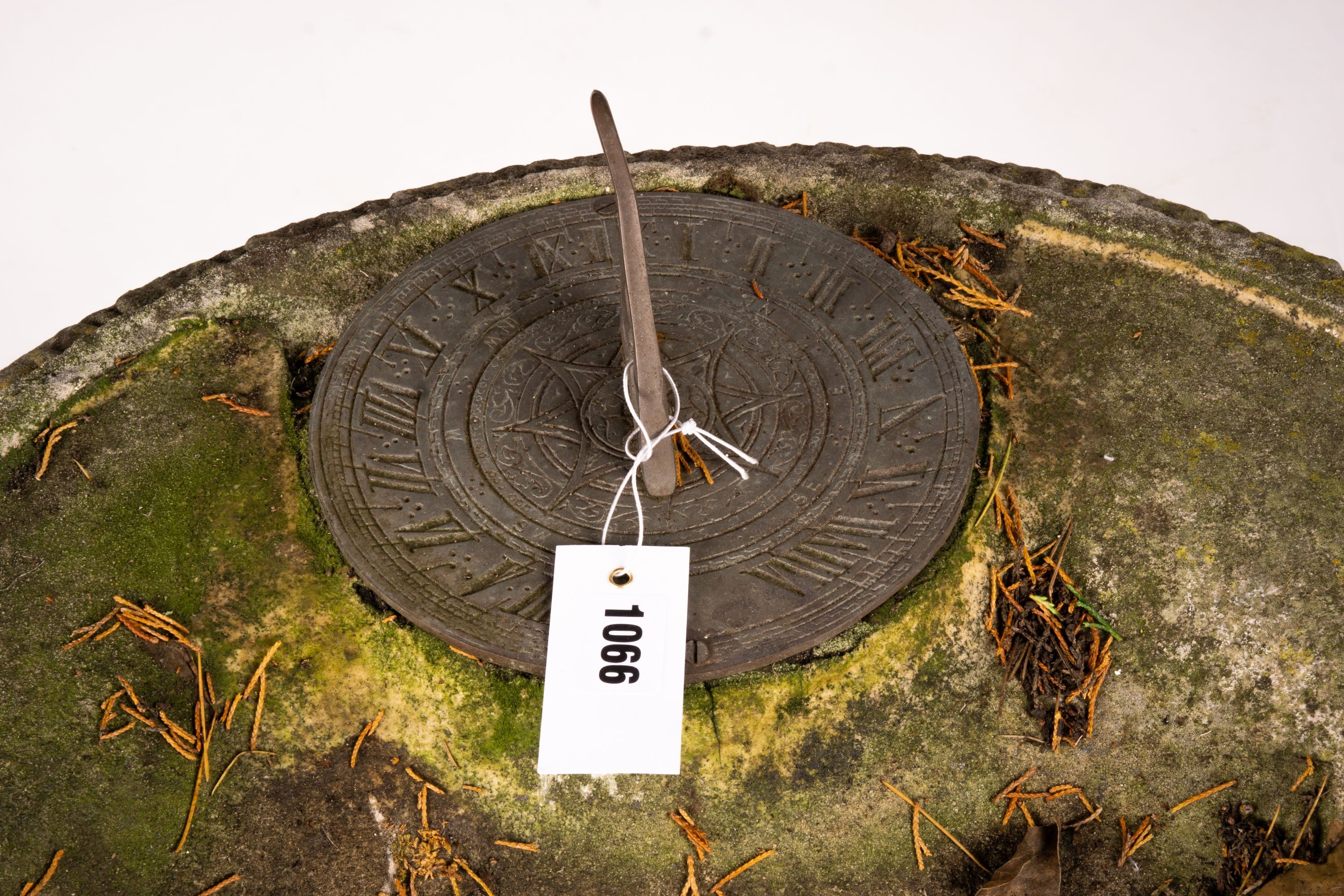 A reconstituted stone garden bird bath combined sundial on square pedestal base, height 108cm